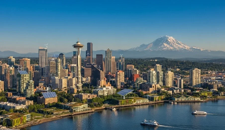 Seattle skyline with Mount Rainier in the background, representing Washington's tech and green energy ecosystems