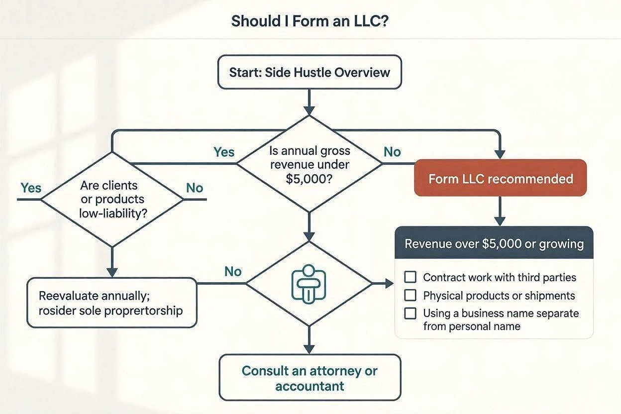 A flowchart helping side hustlers decide when to form an LLC based on revenue and risk factors.