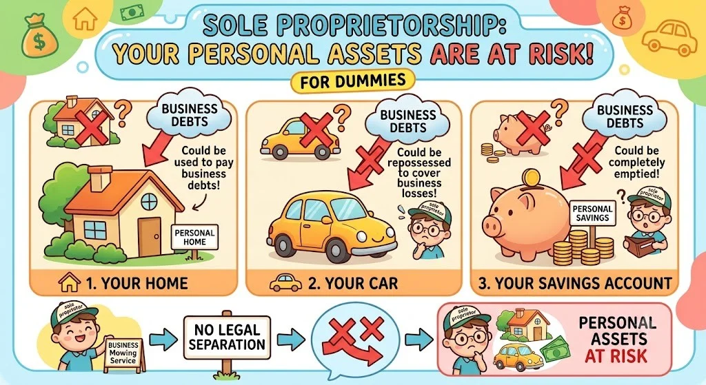 A visual diagram showing the personal assets at risk in a sole proprietorship: home, car, and savings account.
