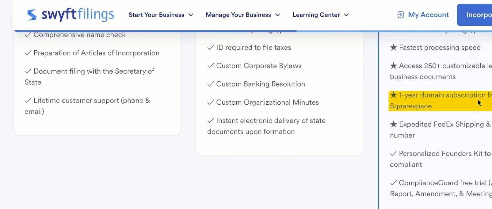 A screenshot of the Swyft Filings dashboard showing order status and document access.