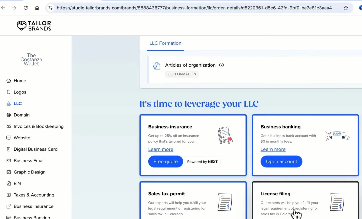 A screenshot of the Tailor Brands dashboard showing logo design tools and business formation status.