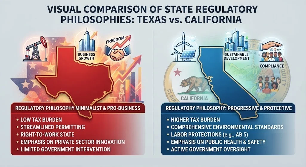 A visual comparison of the Texas and California state outlines, highlighting their different regulatory philosophies