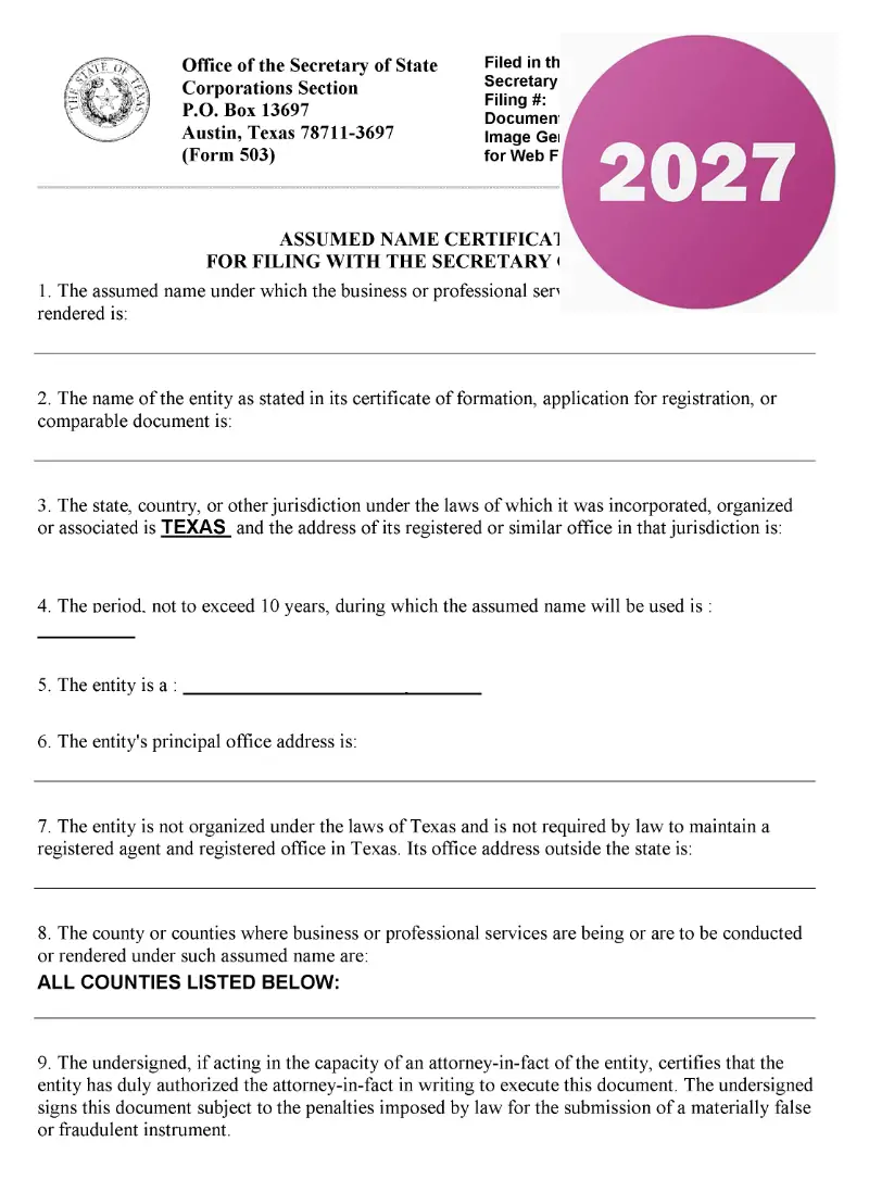 Texas Certificate of Formation sample form filled in and ready to file