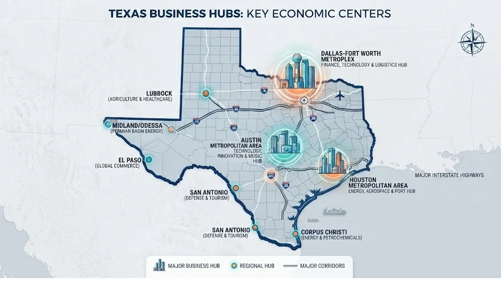 Map of Texas highlighting major business hubs like Houston, Dallas, and Austin