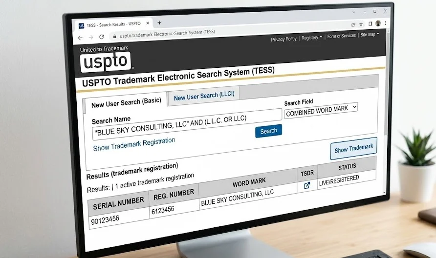 A screen showing a USPTO trademark search for LLC business names.