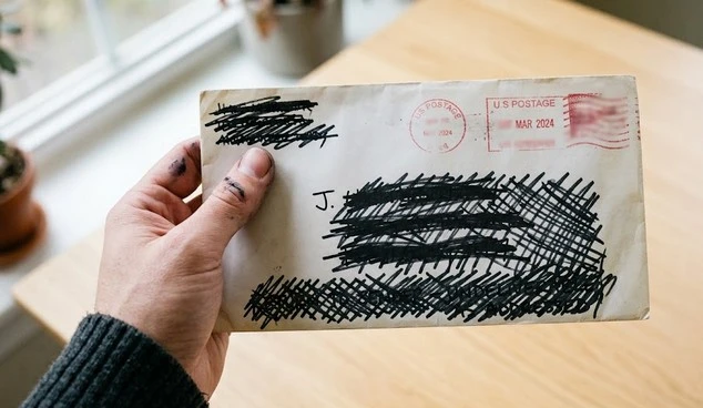 A document envelope with a virtual office address shown on a computer screen, representing LLC privacy.
