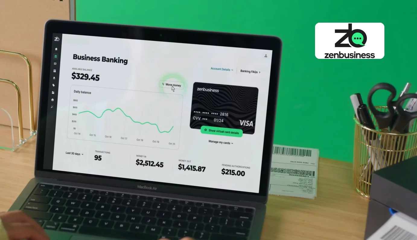A screenshot of the ZenBusiness dashboard showing compliance status and business tools.