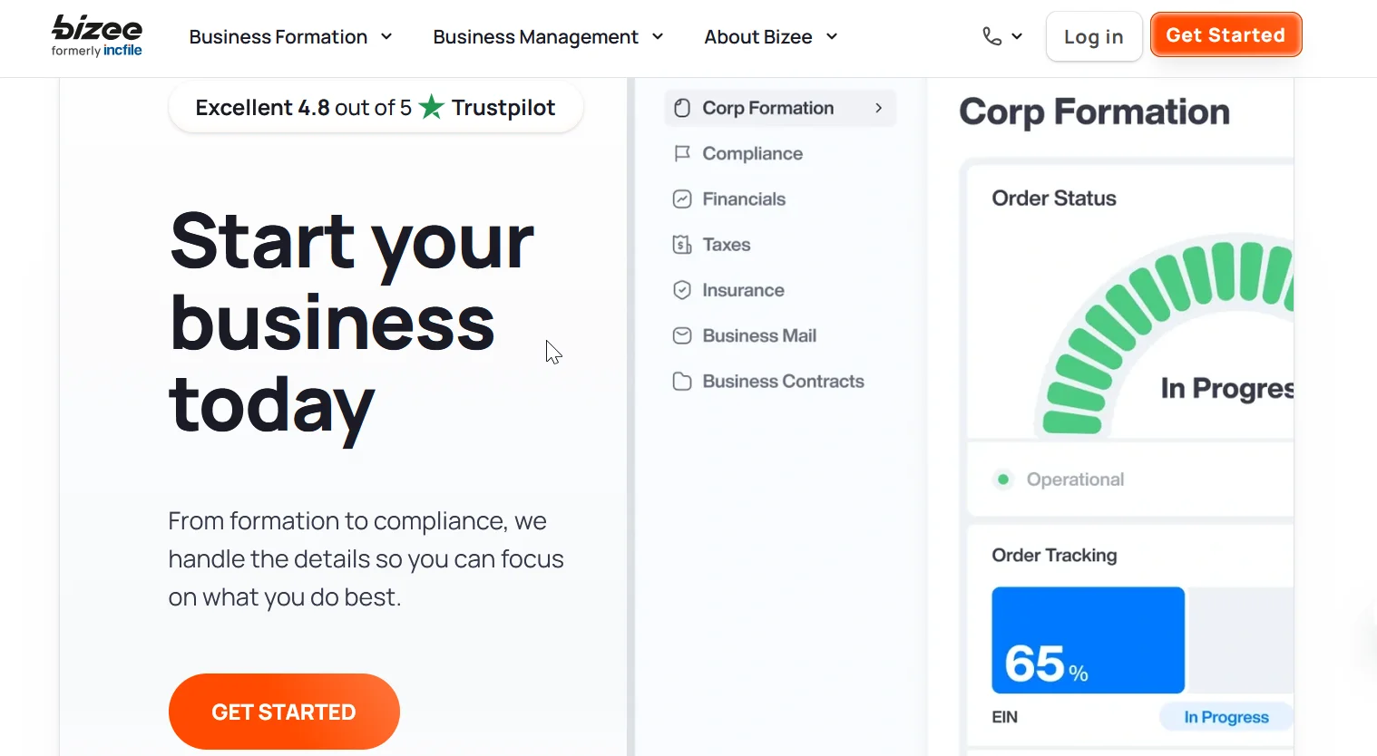 Bizee checkout screen showing the free plan with registered agent included