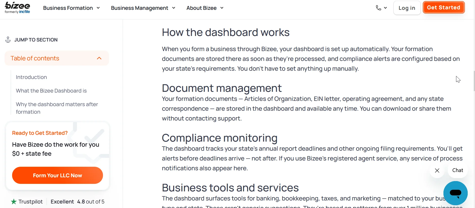 Bizee dashboard showing the lean utility approach to filing