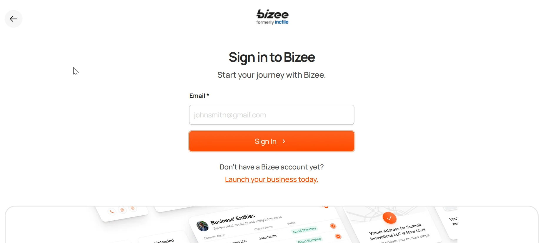 Bizee's dashboard showing the self-service portal interface