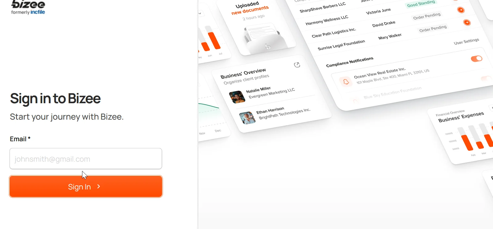 Bizee's dashboard showing the self-service digital interface