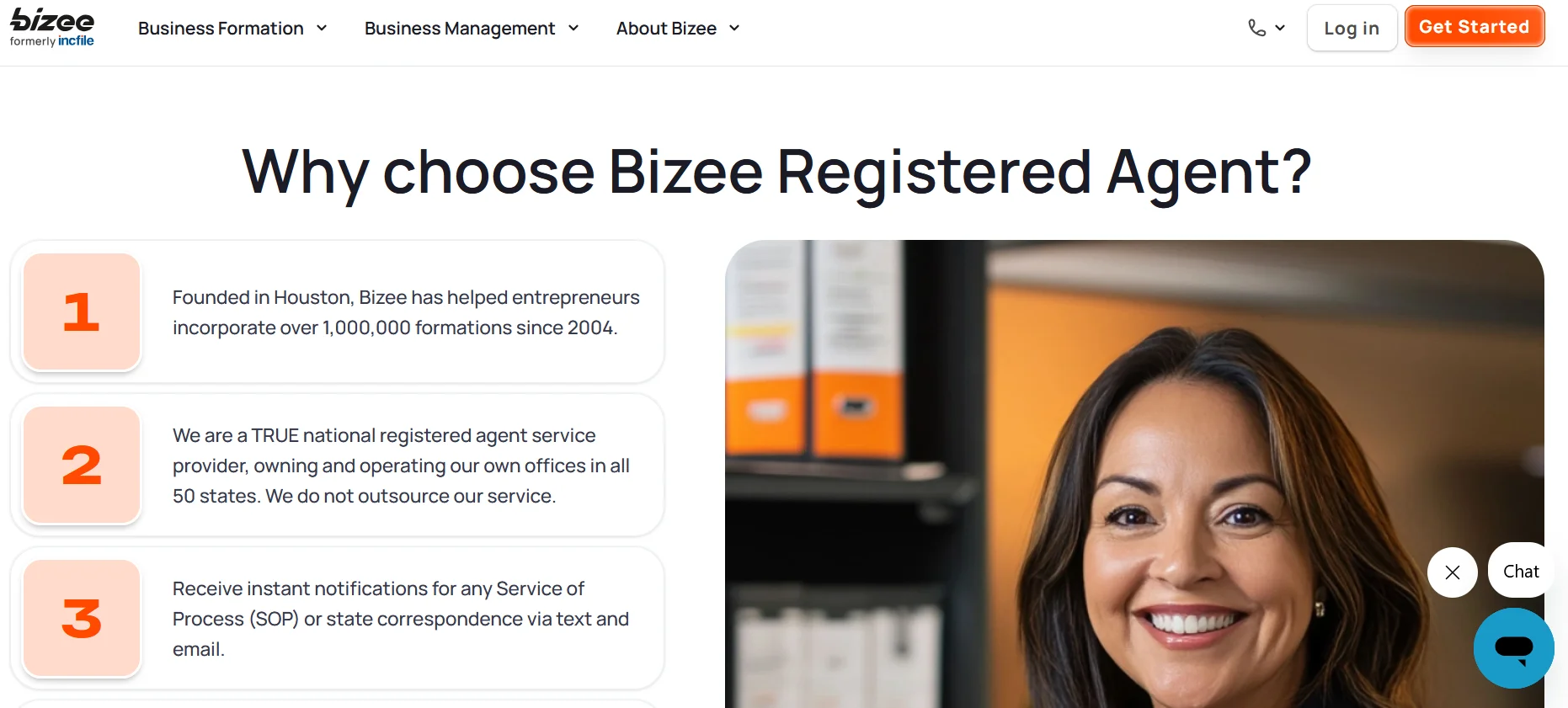 Bizee's registered agent offering showing the free first year