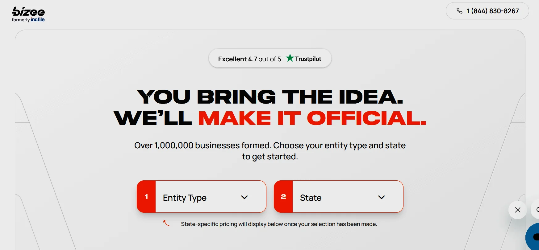 Bizee's signup process showing the LLC formation flow without branding components