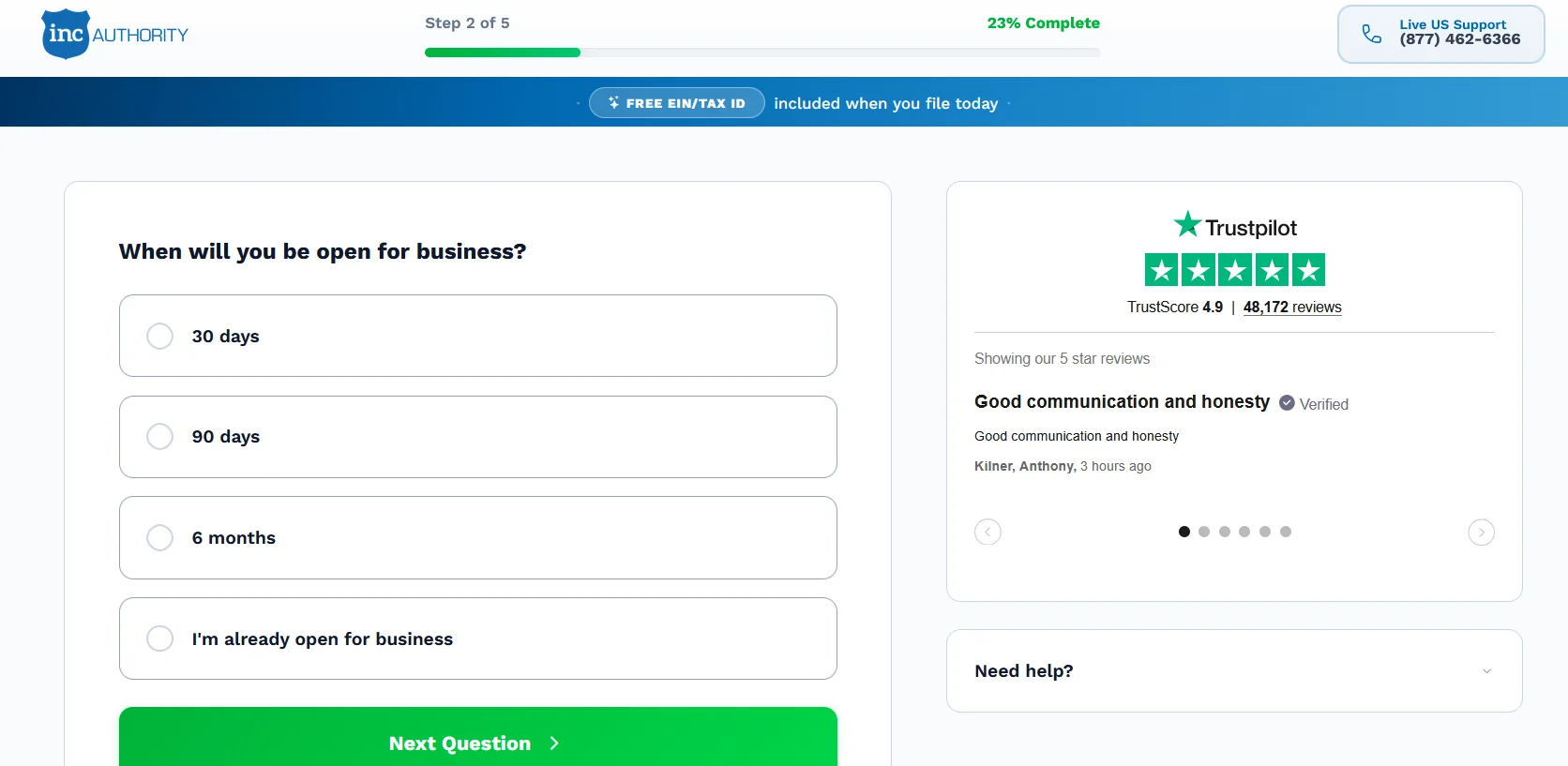 Inc Authority's checkout process showing the free filing package