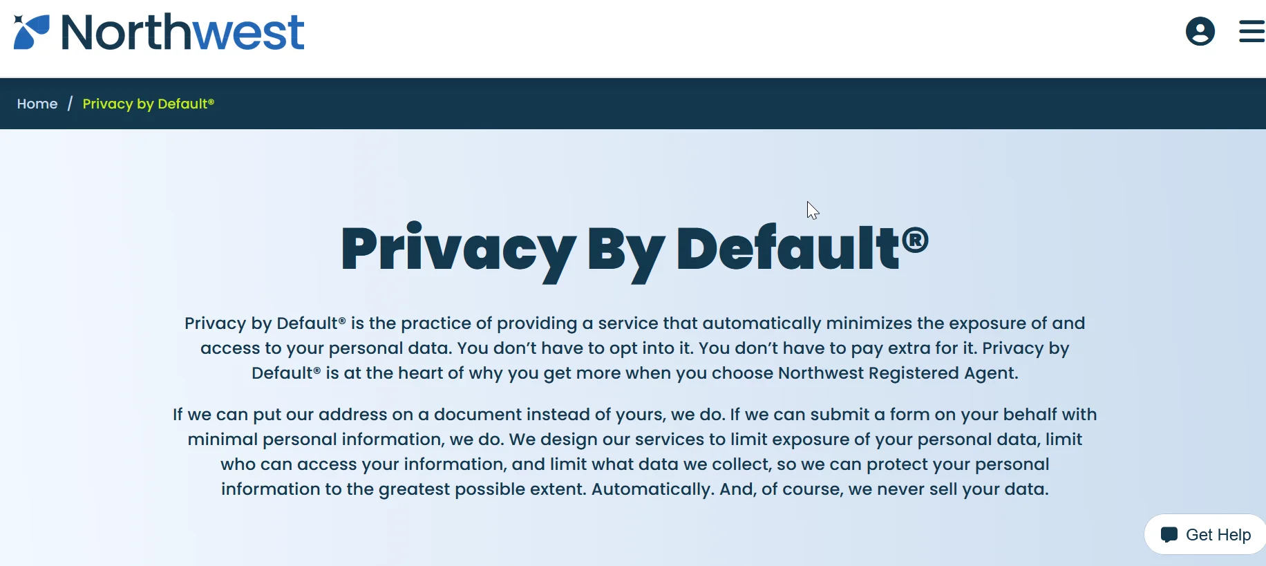 Northwest Registered Agent's privacy dashboard showing address shielding by default