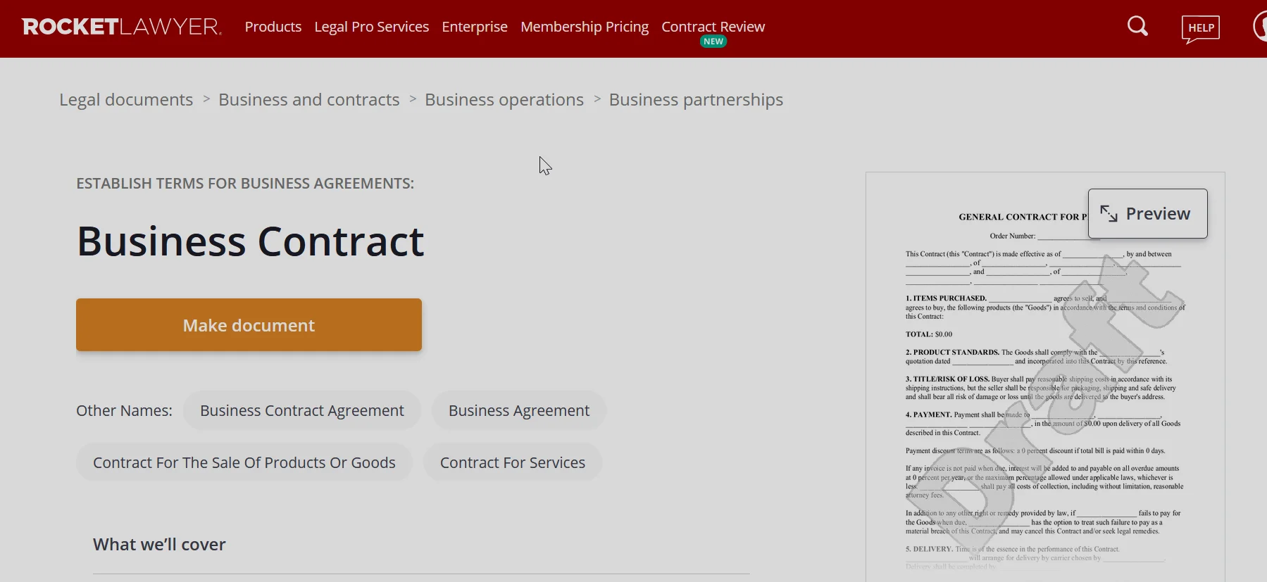 Rocket Lawyer's business dashboard showing the legal-focused approach