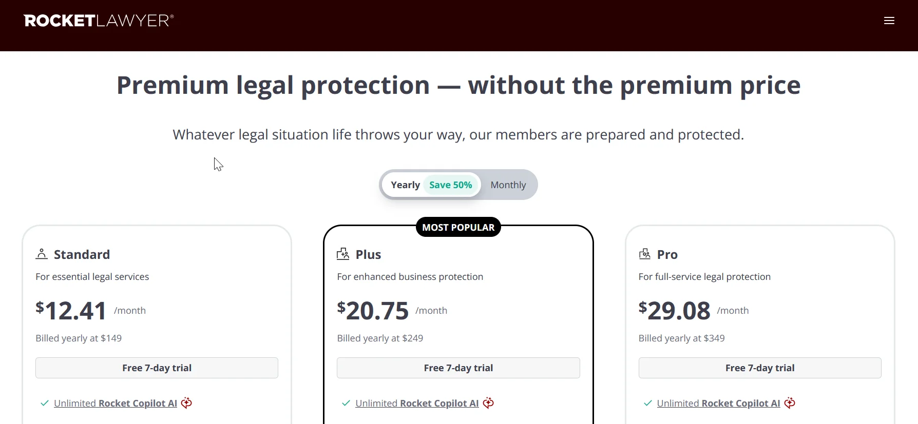Rocket Lawyer's membership plans showing the subscription-based legal model
