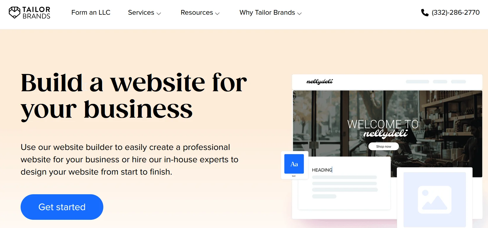 Tailor Brands' website builder showing the commercial-first branding approach