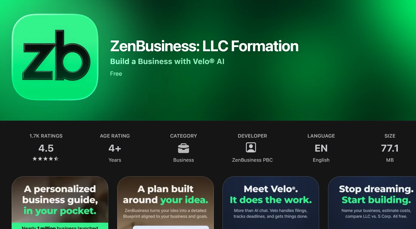 ZenBusiness mobile app showing the value of modern features