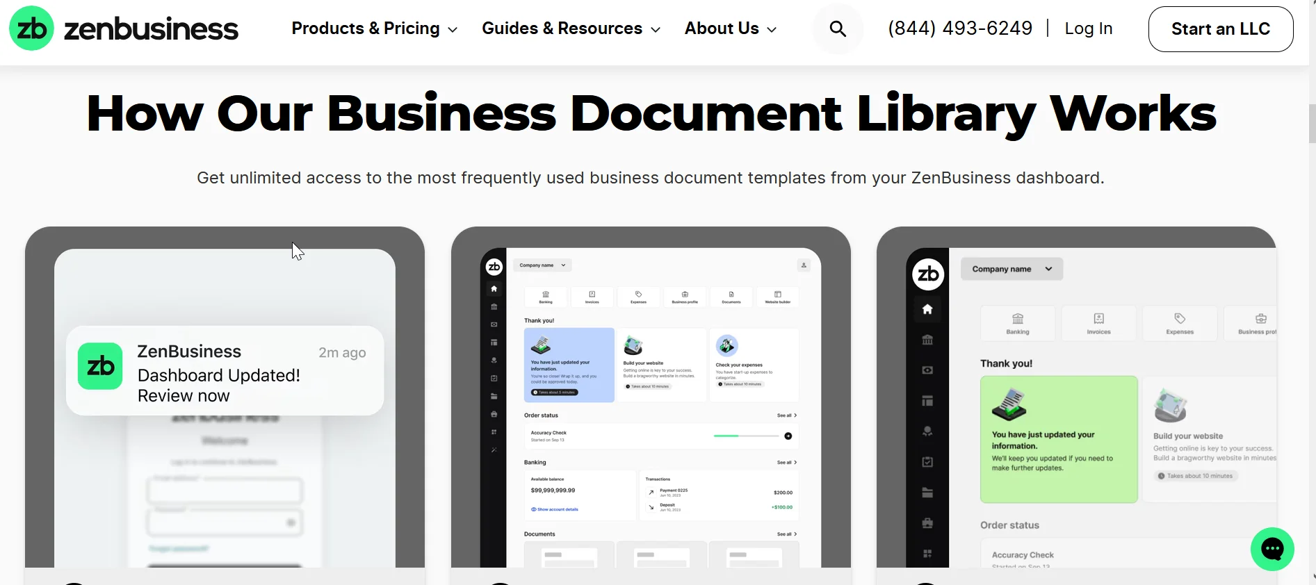 ZenBusiness document library showing the all-in-one ecosystem approach